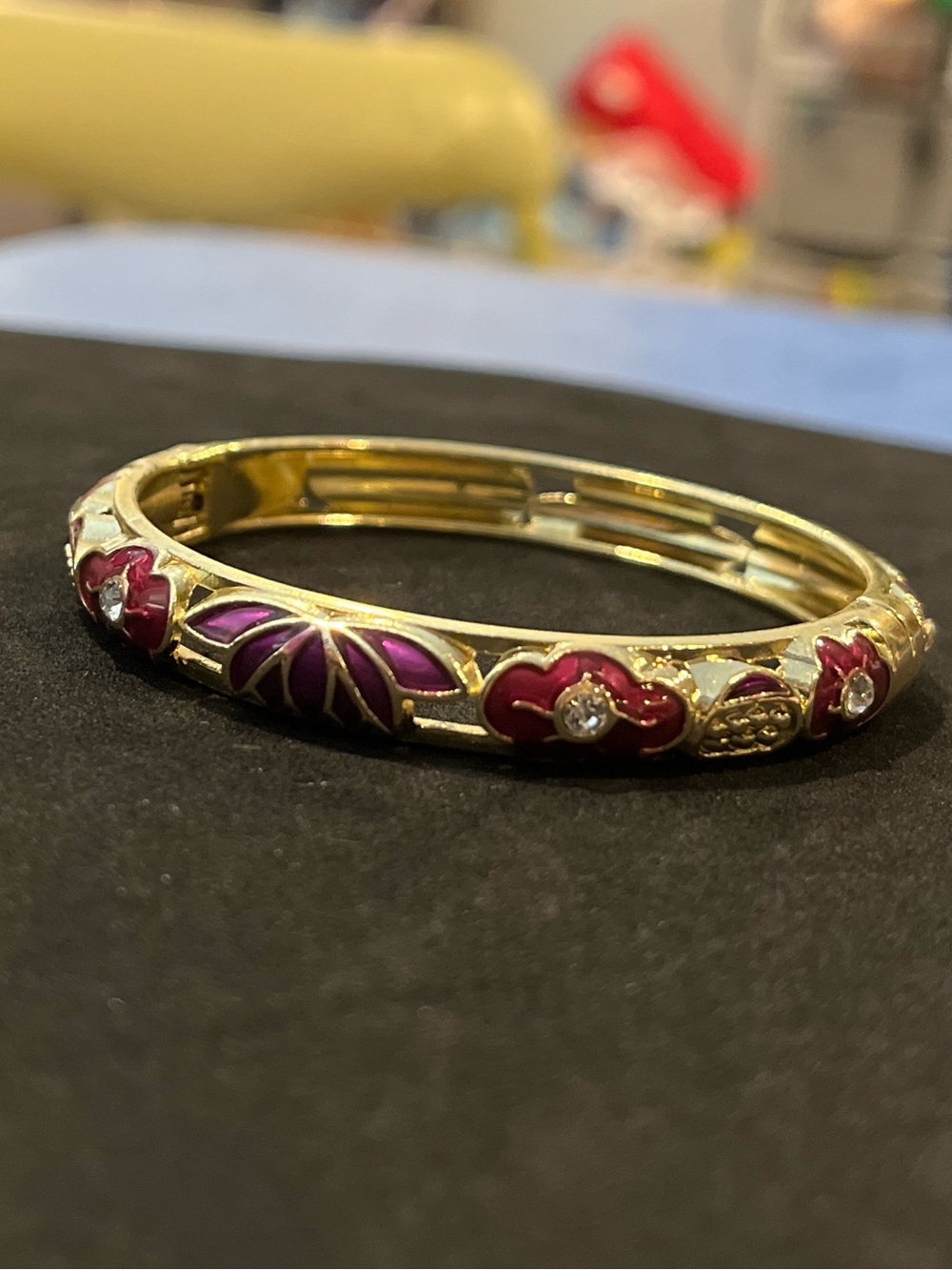 Gold-Tone Purple & Pink Enamel Floral Bangle Bracelet